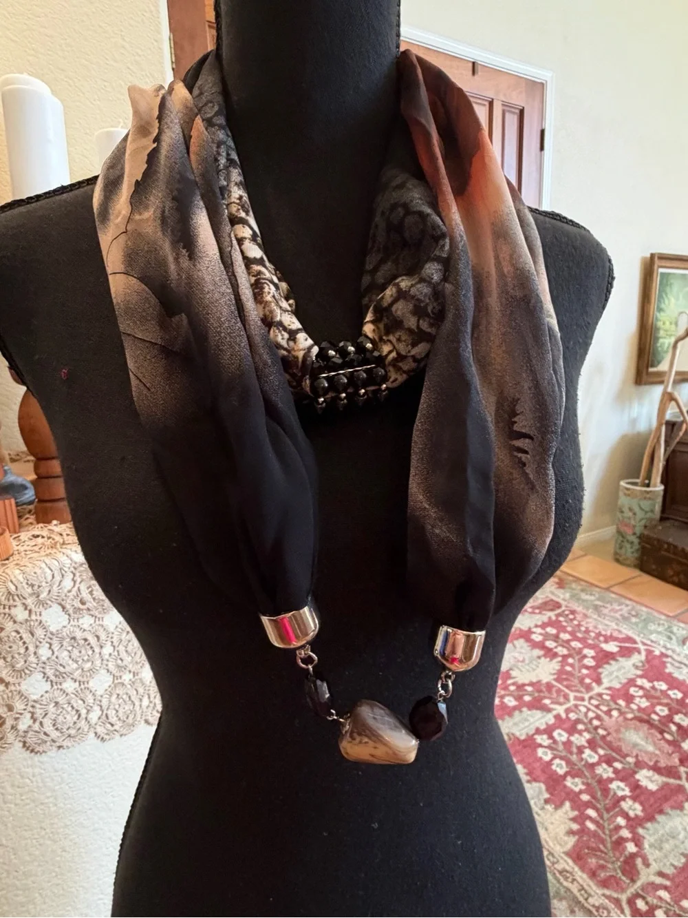 Women's Black and Brown Chiffon Infinity Scarf Necklace